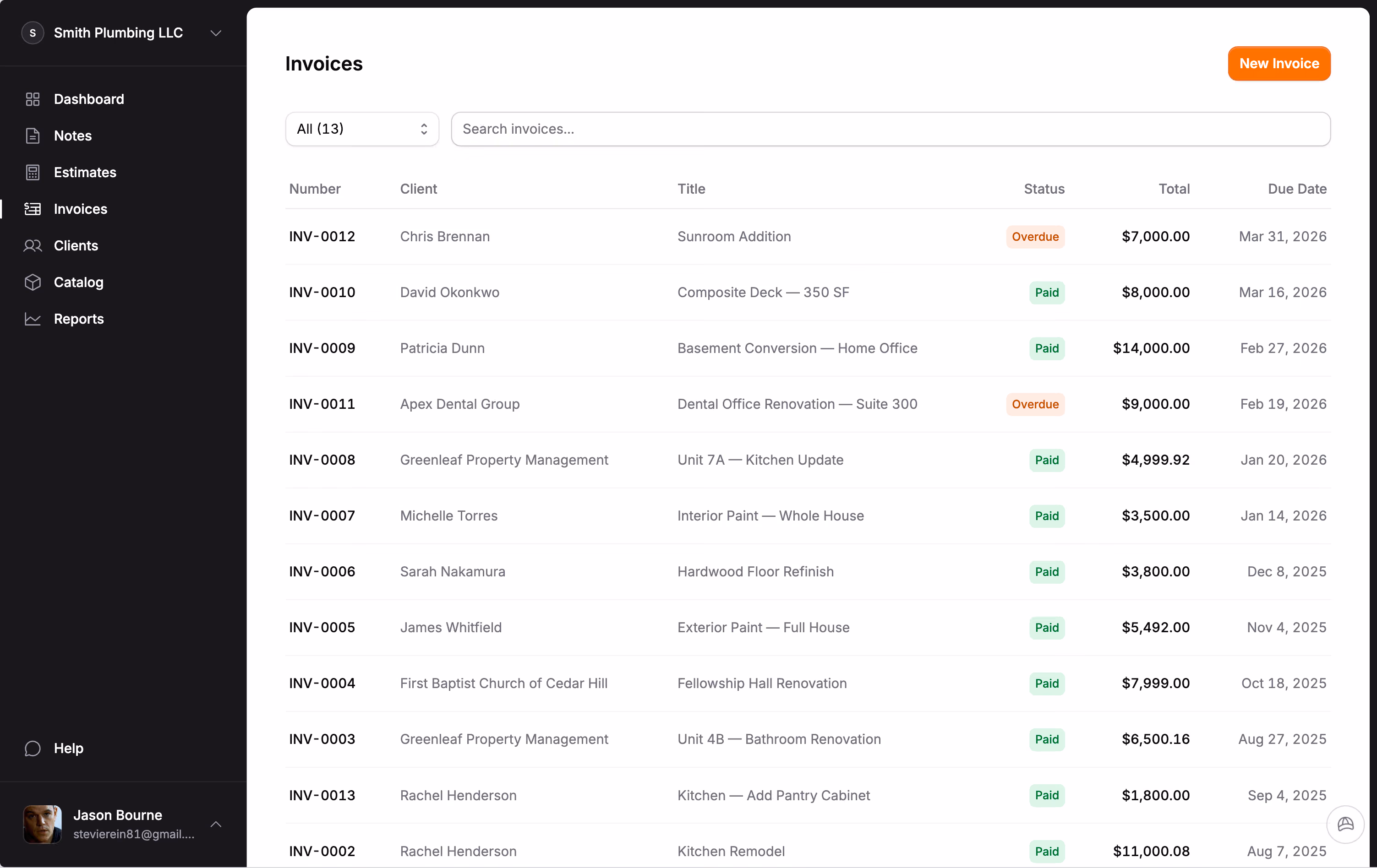 Jobkore invoices list with status badges and totals