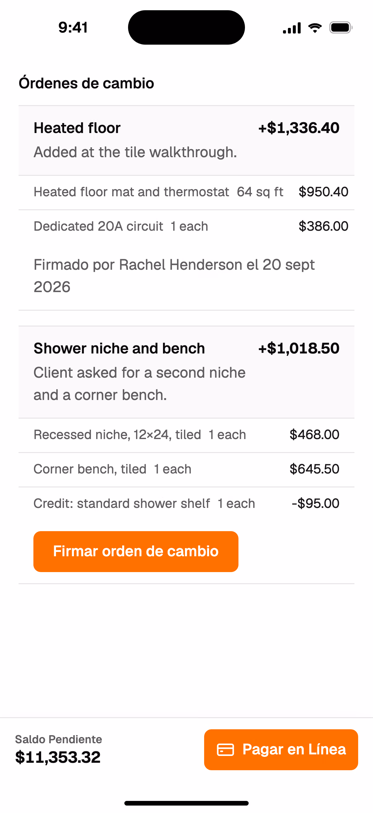 La factura de un cliente en el teléfono: una orden de cambio firmada y la siguiente lista para firmar