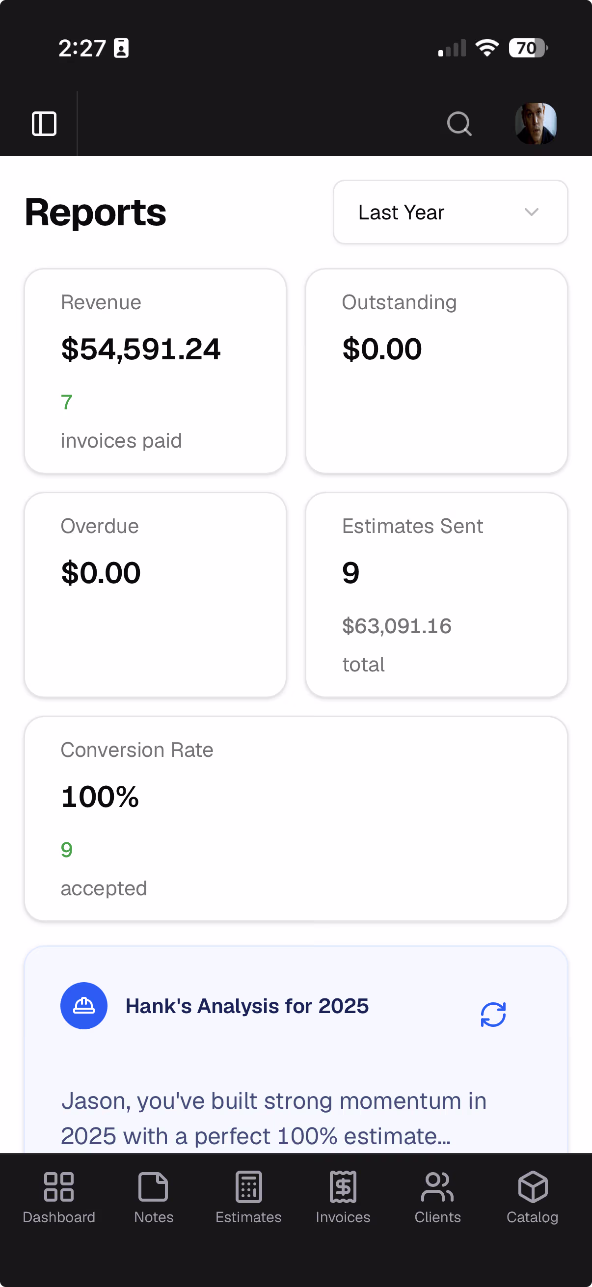 Reports on mobile with revenue stats and Hank analysis