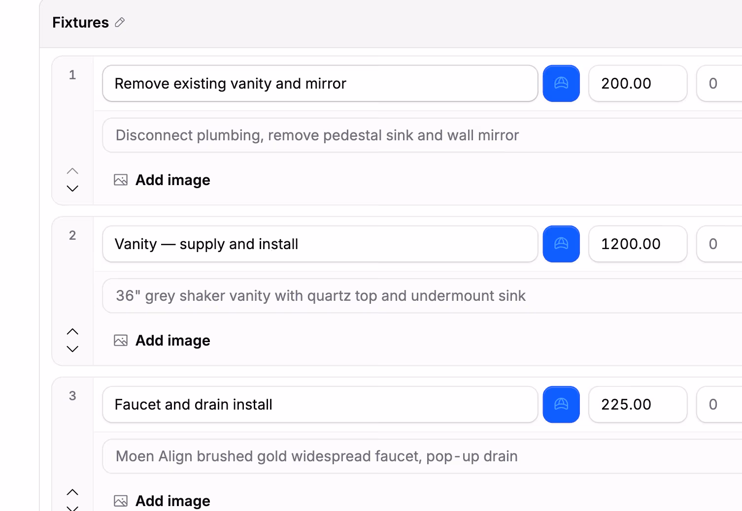 Estimate section with line items, notes, rates, and Hank AI