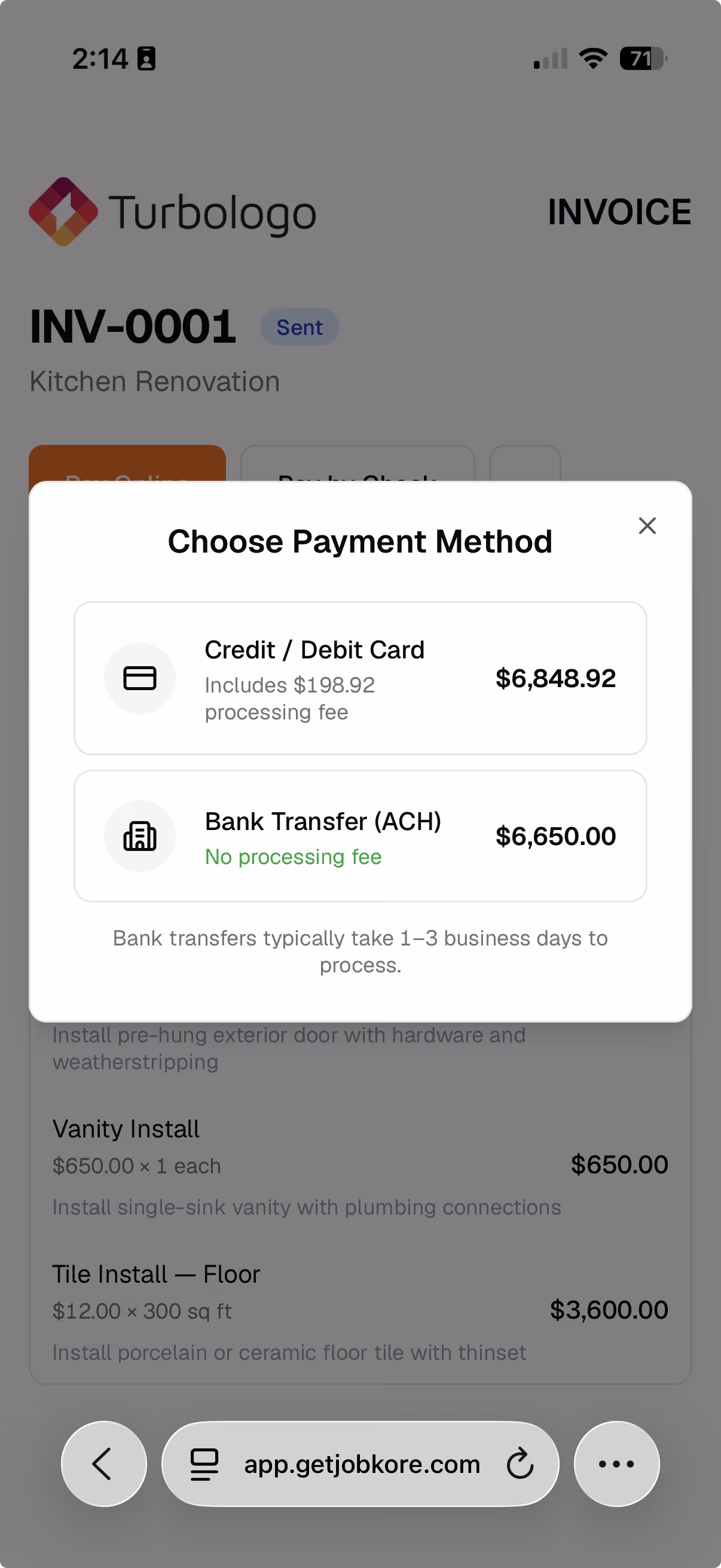 Payment method selection on mobile