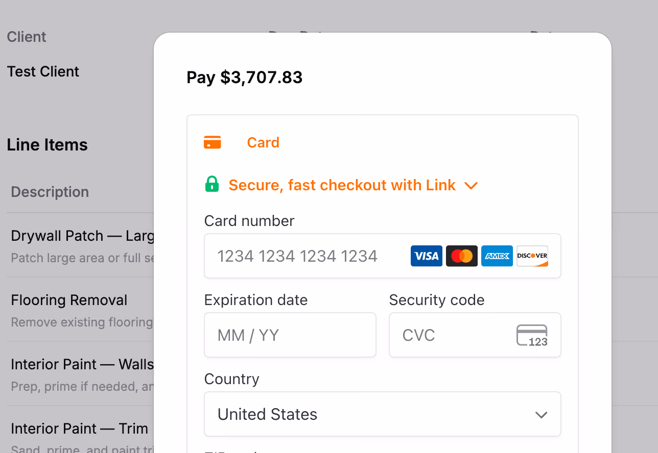 Stripe checkout form with card payment for invoice