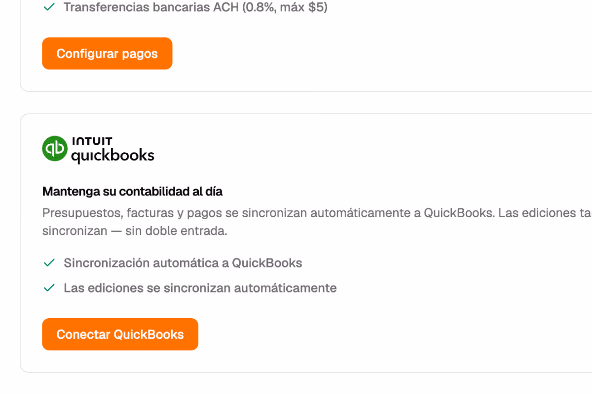 Configuración de integración con QuickBooks y opciones de sincronización