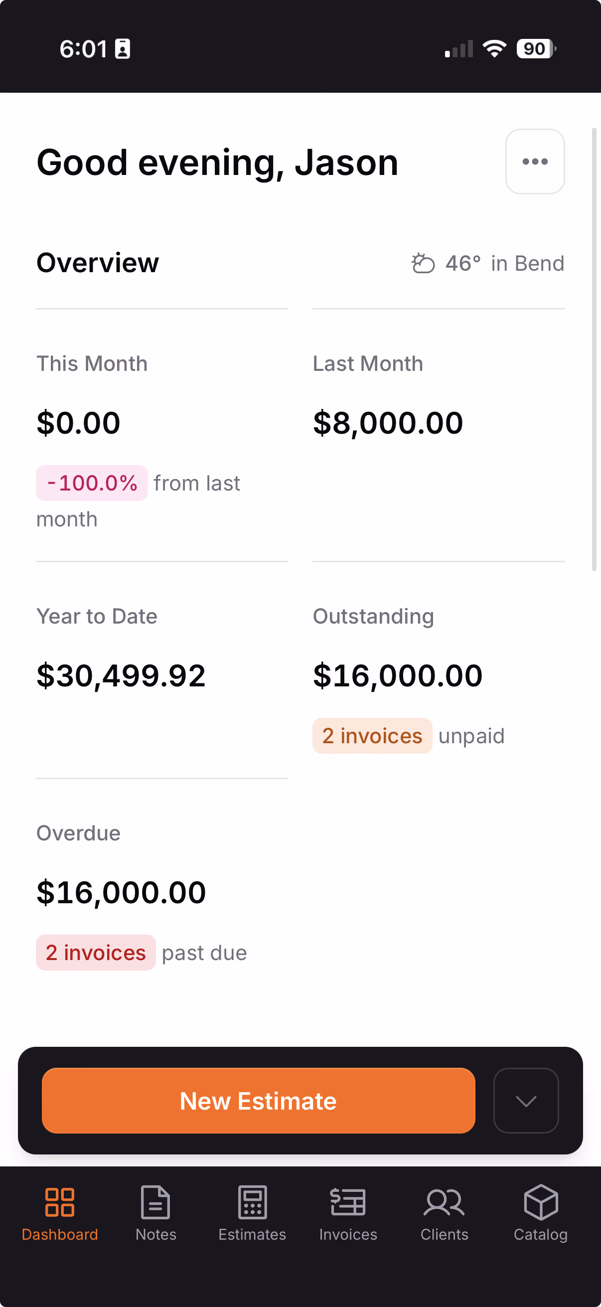 Jobkore mobile dashboard with revenue stats and invoice chart