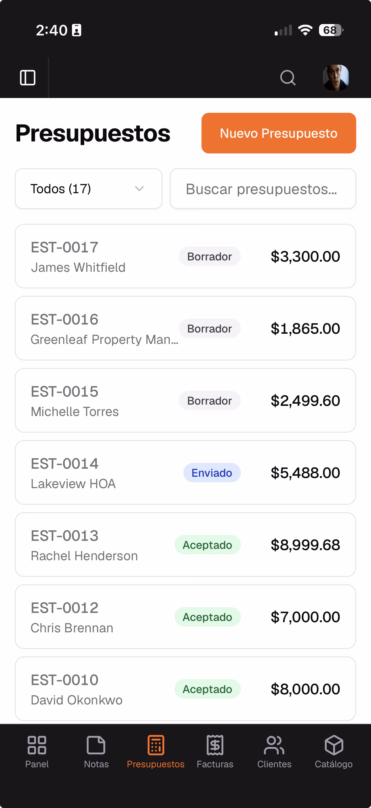 Lista de presupuestos en móvil