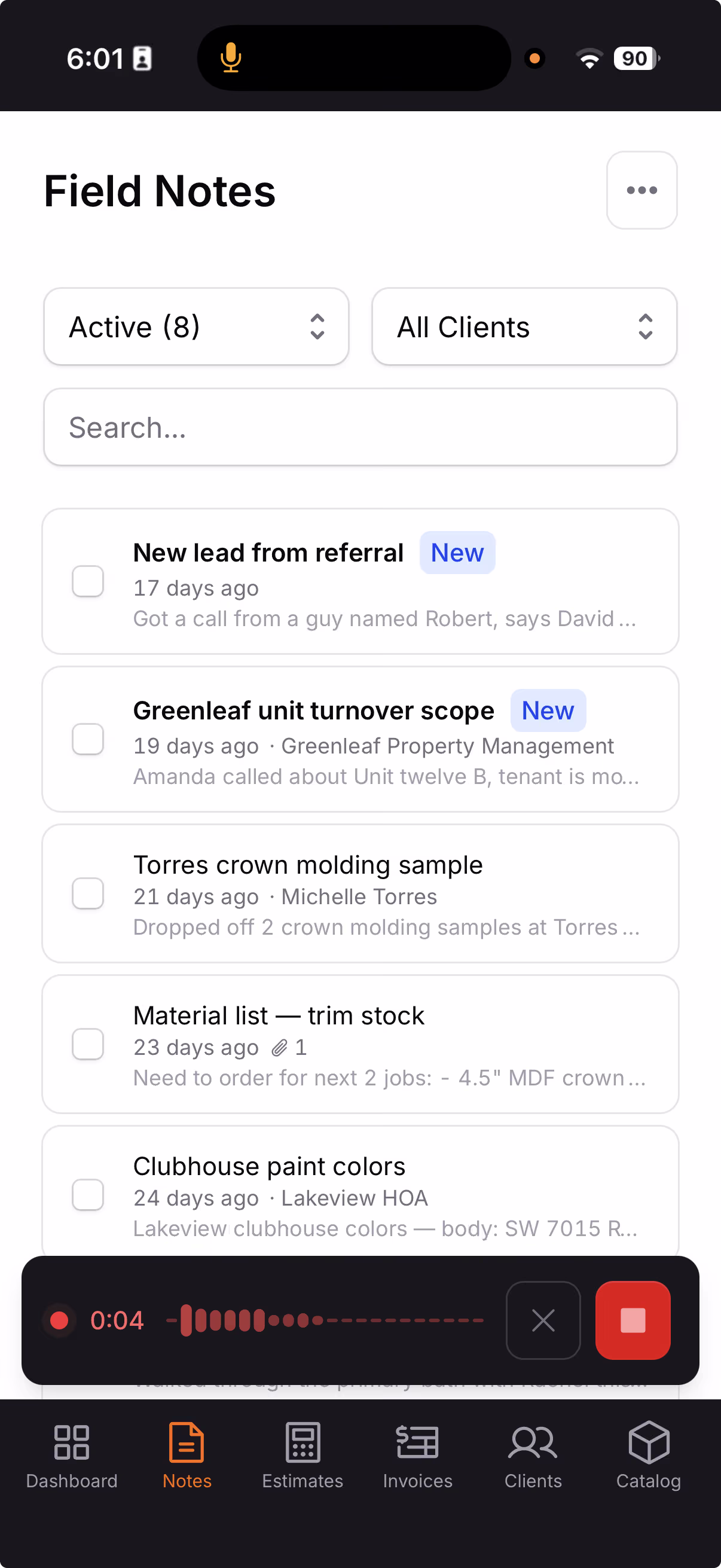 Field Notes on mobile with text and voice notes